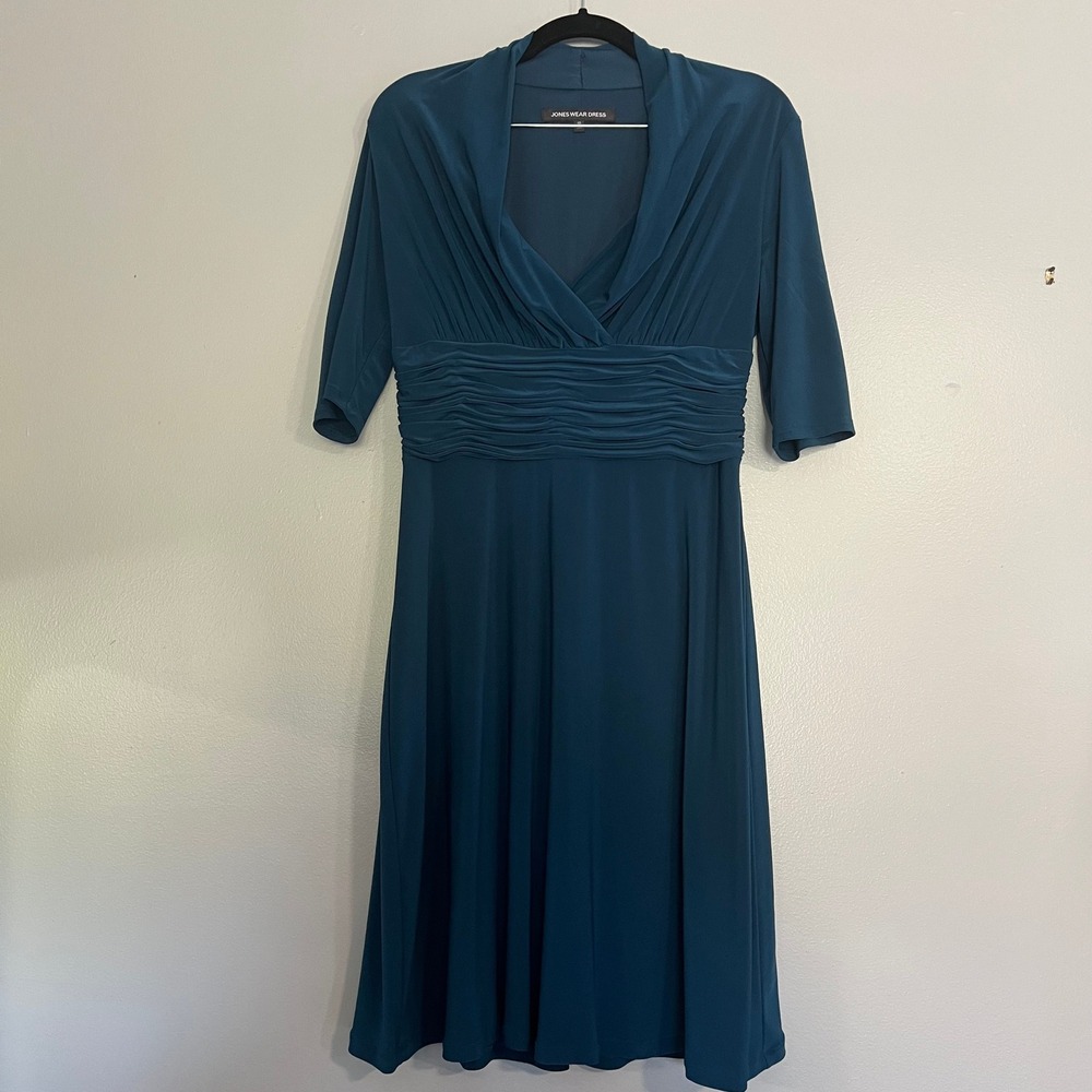 Jones Wear Dress Teal Blue Ruched Waist V-Neck Midi Sheath Dress Size 10
